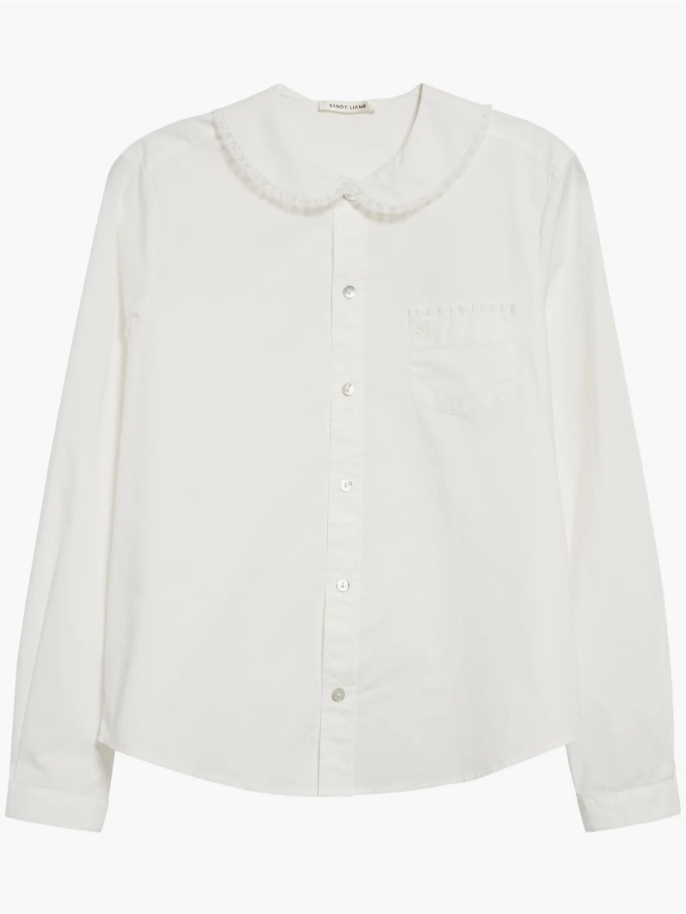 Sandy Liang Wembley Lace Trim Cotton Poplin Button-Up Shirt Peter Pan collar L